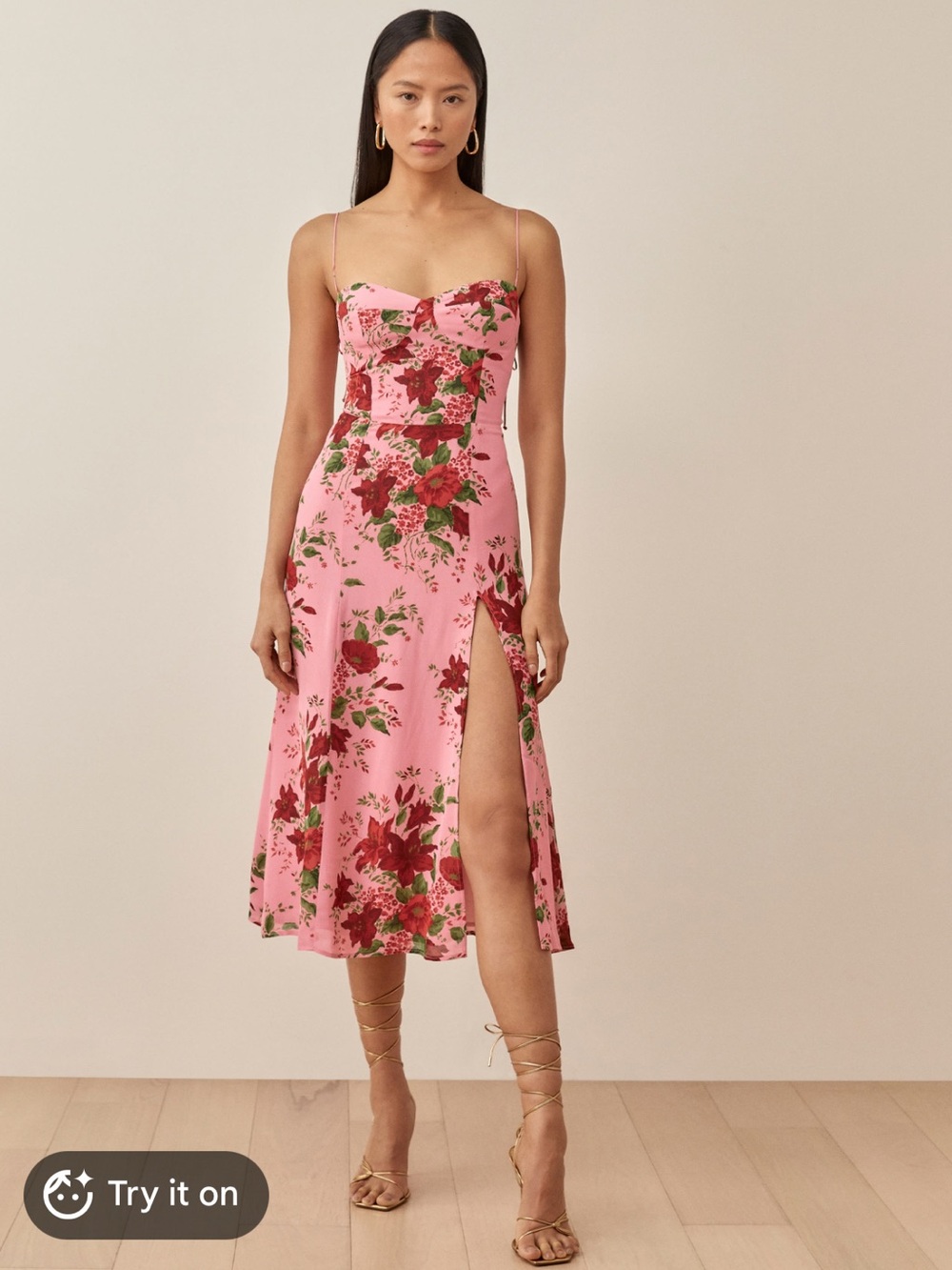 Reformation Pink Floral Midi Slip Dress with Side Slit